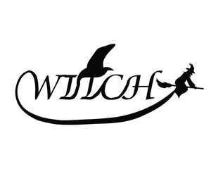 Obraz premium vector design of a silhouetted word that says WITCH where in the letter T there is a typical witch's hat and a small sized icon of a witch flying on a broomstick around her