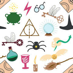 Magic items seamless pattern in flat style. Pumpkin, key, magic ball, feather, spider, purple hat, broom, skull, snake