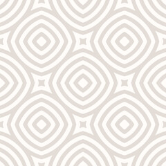 Geometric line seamless pattern. Simple vector abstract texture with curved shapes, circles, squares, stripes, repeat tiles. Beige and white minimal geometric ornament. Subtle decorative background
