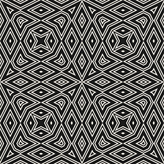 Abstract vector geometric seamless pattern. Black and white background with outline shapes, diamonds, triangles, stars. Simple minimal monochrome texture. Repeat design for decor, textile, wallpaper