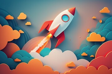 Space rocket flying toward the clouds believable rocket icon Having a successful company concept is a challenge. launching a fresh project start up concept