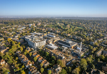 Fototapeta na wymiar The drone aerial view of residential area around Kingston hospital, Kingston upon Thames, Greater London. 