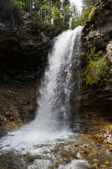 Fototapeta premium looking up at cascading waterfall in the forest
