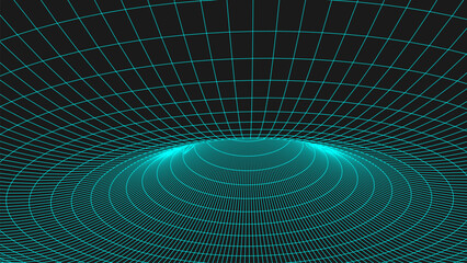 Futuristic abstract teleport texture of wormhole portal. 3D frame hole grid or donut background. For website and banner design. Big data visualization. Vector illustration.