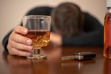 Uncontrolled drinking - alcoholic disease. Trick. Social advertising. Concept of drunk driving, car accident