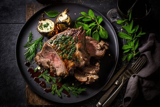 Roast Lamb leg with mint sauce, rosemary and garlic. on black plate, wooden table stock photo Easter, Lamb - Meat, Leg Of Lamb, Food, Dinner