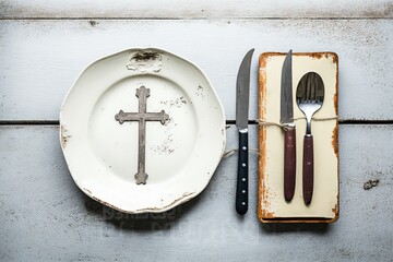 Plate with Bible and cutlery on white wooden table, flat lay. Lent season stock photo Fasting - Activity, Bible, Praying, Christianity, Lent