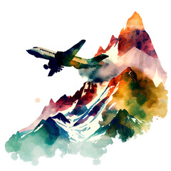 airplane flying in the sky, plane and mountains 