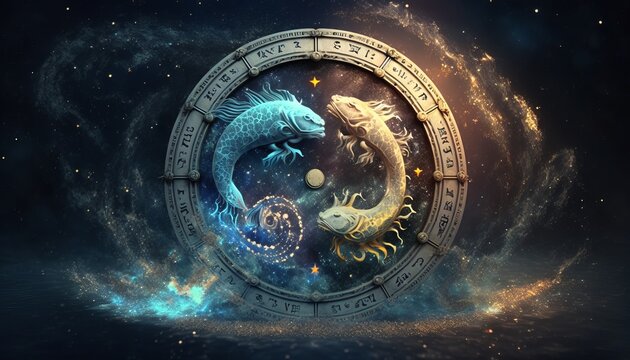 Pisces zodiac sign against space nebula background. Astrology calendar. Esoteric horoscope and fortune telling concept