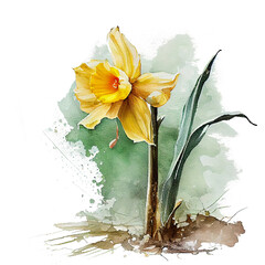 narcissus in watercolour, spring flower, yellow flower - obrazy, fototapety, plakaty