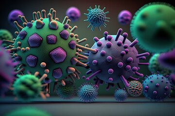 Conceptual scientific background with microscopic colorful viruses