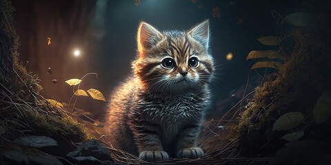 Cute kitten in moonlight at night in the deep forest, concept of Mystical and Serene, created with Generative AI technology