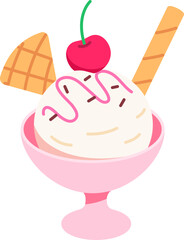 Vanilla Ice cream scoop in cup and cherry topping Dessert Icon Element illustration Flat style