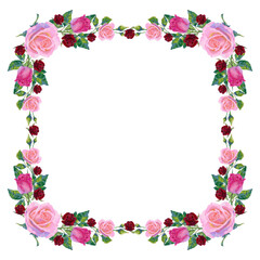 Vector square frame with pink and red rose flowers and green leaves.