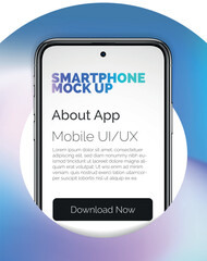 Smart phone black frame display front view mockup for presentation. Vector modern digital device template. Realistic smartphone mock up. Smartphone with blank screen design in blue gradient circle.