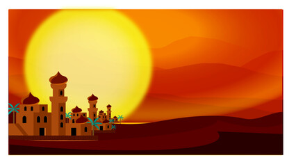 Small Middle Eastern settlement at sunset. Arabian desert landscape with traditional brick and stone constructions. islamic architecture. Religion and cultures. Vector illustration.