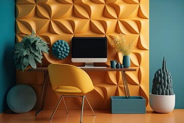 Stylish and minimalistic bright workplace with boldly colored textured wall