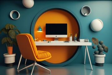 Stylish and minimalistic bright workplace with boldly colored textured wall