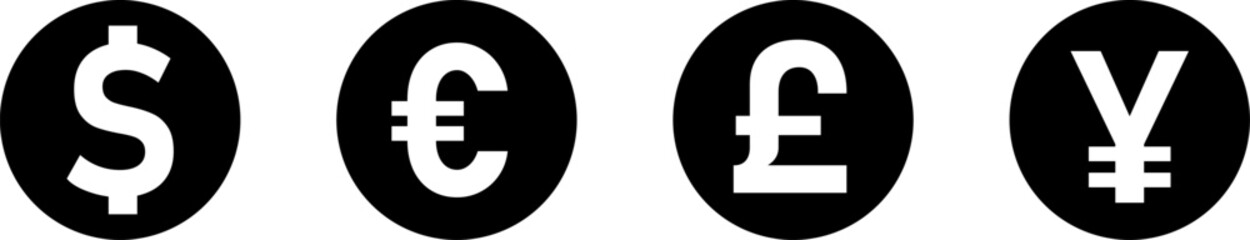 Selection of World Currencies Icon Set including US Dollar, Euro, British Pound Sterling, Japanese Yen or Chinese Yuan Coin Money Symbol. Vector Image.