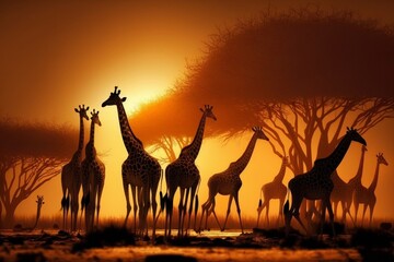 Fototapeta na wymiar Herd of giraffes in the setting sun, AI generated