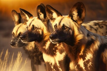 African wild dogs is a wild canine which is a native species to sub-Saharan Africa, Lycaon pictus. AI generated
