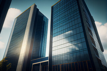 Low angle image of typical contemporary office towers, tall structures with glass facades.generative ai