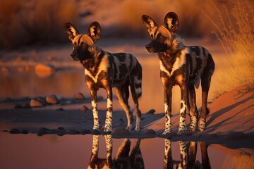 African wild dogs is a wild canine which is a native species to sub-Saharan Africa, Lycaon pictus. AI generated