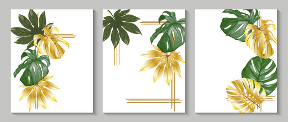 Set of modern creative illustrations with tropical leaves. Gold and green. Art design for home decor, banners, and prints. Vector illustration