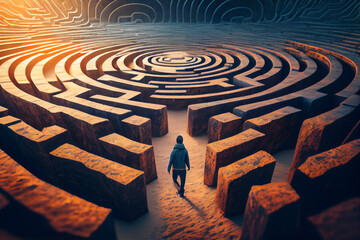 Fototapeta na wymiar Man walking into big labyrinth. Finding solution concept.generative ai