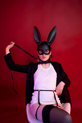 Photo of gorgeous lady prostitute charming look wearing black bunny wish costume isolated maroon...