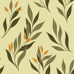 Seamless floral pattern, flower print with branches in vintage style. Botanical design with hand drawn wild plants: small tassels of flowers, leaves, twigs on a beige background. Vector illustration.