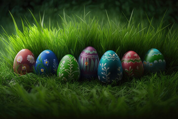 Fototapeta premium Easter eggs in grass, Generative AI