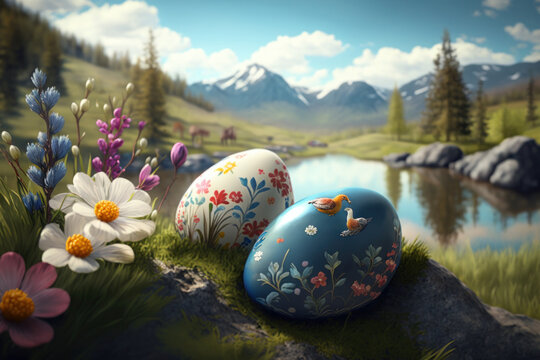 Easter Landscape With Easter Eggs And Flowers On Mountain Background, Generative AI