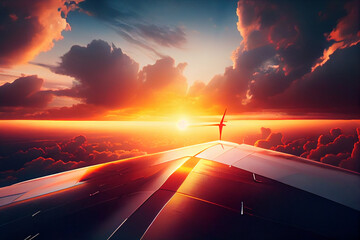 Sun Rise in Cloudy Sky Background, Dramatic Sunrise, Airplane View Above Clouds.generative ai