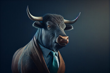 Portrait of a bull dressed in a formal business suit.generative ai