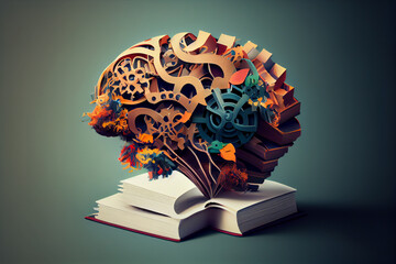 Concept of education and success. Online education, new idea. Collage with a brain, gears, book.generative ai