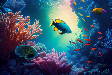 Obraz na płótnie Canvas tropical fish coral scene background,generative ai