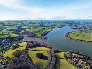 Dittisham and Greenway Quay and Ferry  from a drone, River Dart, Devon, England