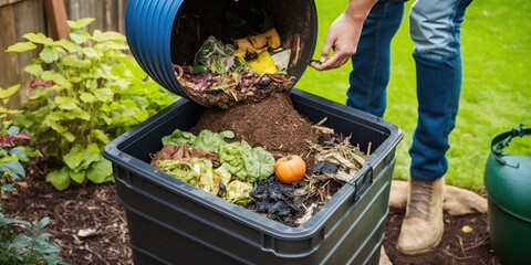 Person composting food waste in backyard compost bin gardener using natural organic methods to control pests, concept of Organic Gardening, created with Generative AI technology