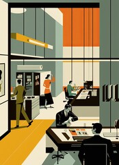 Vintage poster of business office. People working at the office. Generative AI.