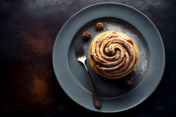 Top view of delicious cinnamon bun on plate as dessert.generative ai