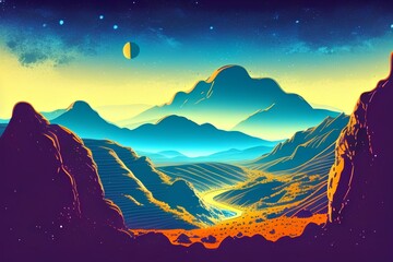 Fototapeta na wymiar A landscape of an alien planet with a deserted valley, a winding river, rocks and a view of two planets in the starry sky. Space fantasy background - generative ai