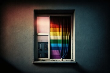 Concept of diversity. Rainbow LGBT Pride flag in the window of moder residential building