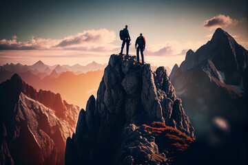 two person on top of mountain peak. goal, success and teamwork concepts.generative ai