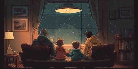 Family having a cozy night at home on a rainy day, concept of Comfort and Togetherness, created with Generative AI technology