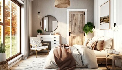 Contemporary Interior Of Suburban Home From Natural Materials Great bedroom with light walls with a sloped ceiling, parquet floor with a carpet. generative ai