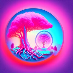 Fototapeta na wymiar Abstract neon background, mystical cosmic tree sprouting across a round planet in neon glowing round frame light, pink blue glowing, 3d illustration - generative ai