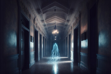 A ghostly translucent figure floats along a hallway of haunted house, horror story scene. Generative AI illustration - obrazy, fototapety, plakaty
