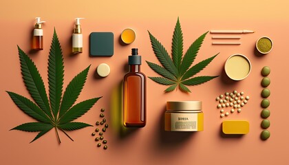 Flat lay background with CBD oil cannabis tincture, capsules, cosmetics packages. generative ai