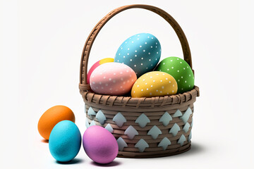 Easter Banner Background showing Painted Easter Eggs in a Basket Isolated on a White Background. Easter Egg Painting with Multicolored Rainbow Eggs, Easter Photography, Happy Easter Gift Basket.